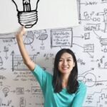 Ideas - Woman Draw a Light bulb in White Board